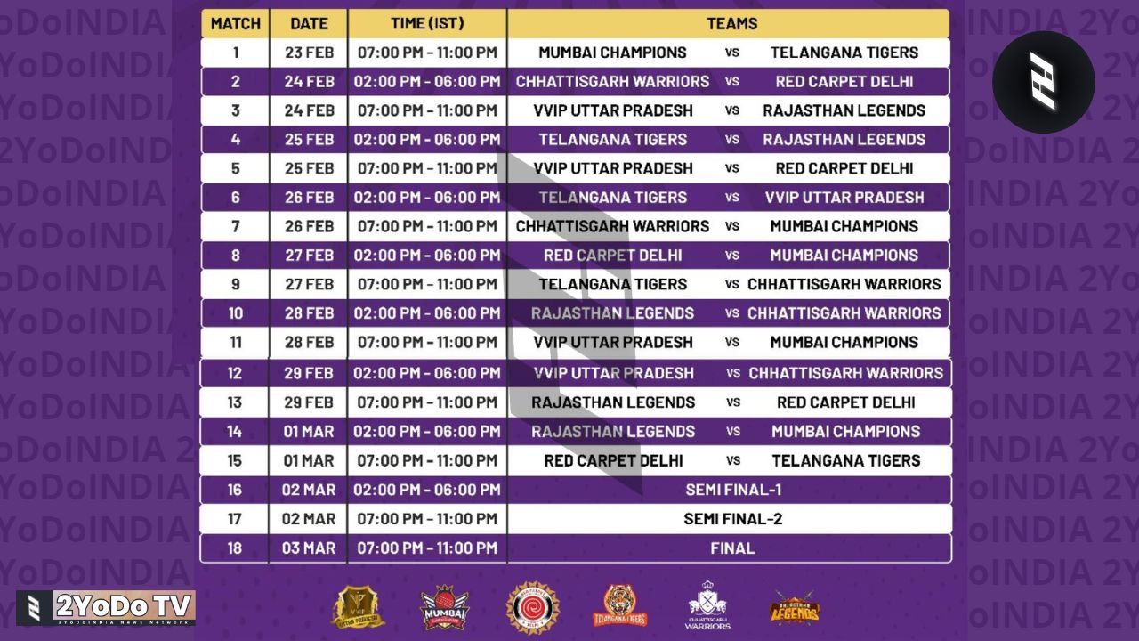 Indian Veteran Premier League 2024 Match Schedule | 2YoDoINDIA News Network